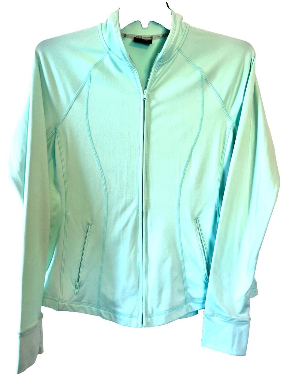 Zelos Pale Green Full Zip Athletic Jacket Thumb sleeves  front pockets Size Lg